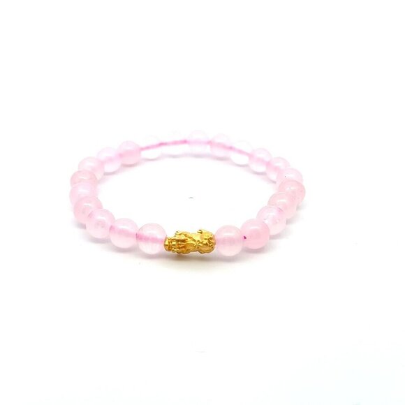 Natural Rose Quartz 8mm Stretchable Bracelet Size 6.75" 24K Gold Dragon Piyao - Picture 1 of 4